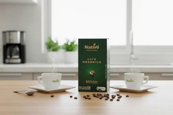 Embalagem de Café Orgânico Native 250g entre duas xícaras fumegantes e grãos espalhados sobre mesa de madeira.