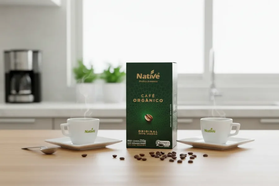 Embalagem de Café Orgânico Native 250g entre duas xícaras fumegantes e grãos espalhados sobre mesa de madeira.