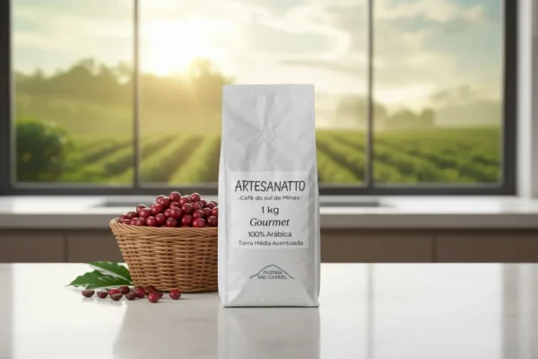 Embalagem de Café Artesanatto Guaxupé ao lado de cesta com grãos vermelhos sobre bancada clara e plantação ao fundo.