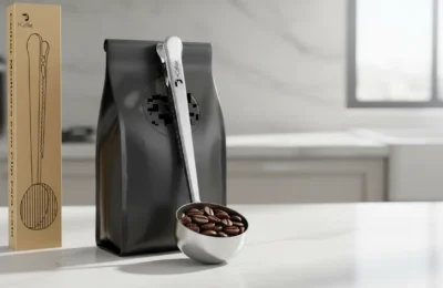 Colher medidora de inox iCoffee com prendedor acoplado em pacote de café sobre bancada branca.