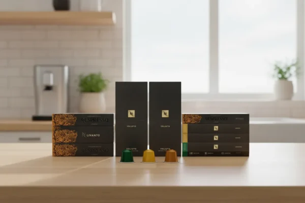 Caixas e três cápsulas de café Nespresso Volluto sobre bancada de madeira em cozinha iluminada.