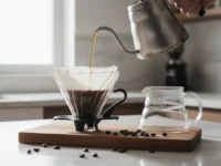 Água quente sendo despejada de uma chaleira de bico de ganso em um coador de café de vidro com filtro.