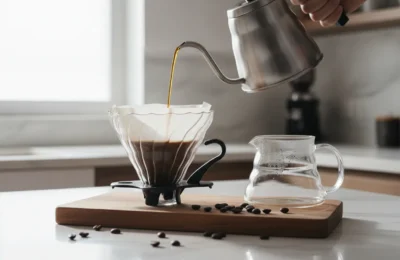 Água quente sendo despejada de uma chaleira de bico de ganso em um coador de café de vidro com filtro.