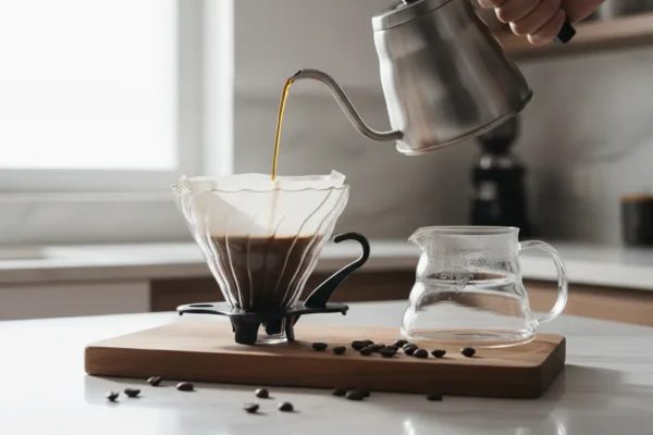 Água quente sendo despejada de uma chaleira de bico de ganso em um coador de café de vidro com filtro.