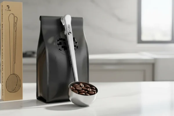 Colher medidora de inox iCoffee com prendedor acoplado em pacote de café sobre bancada branca.