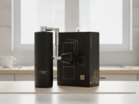 Moedor manual TIMEMORE C3S Pro preto ao lado de sua embalagem em uma bancada clara de cozinha.