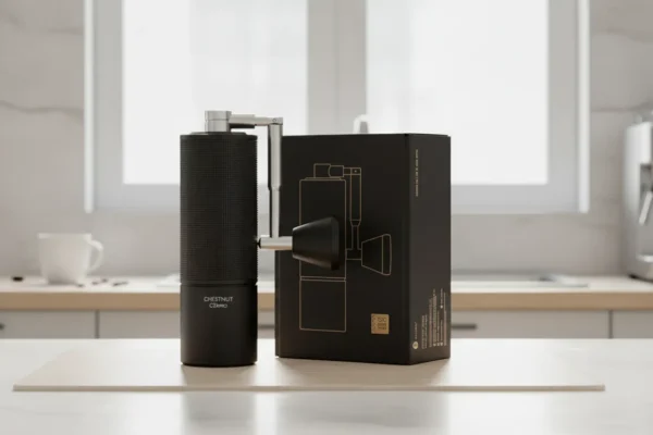 TIMEMORE C3S Pro Vale a Pena em 2026? O Segredo do Aroma Perfeito 8 Moedor manual TIMEMORE C3S Pro preto ao lado de sua embalagem em uma bancada clara de cozinha.