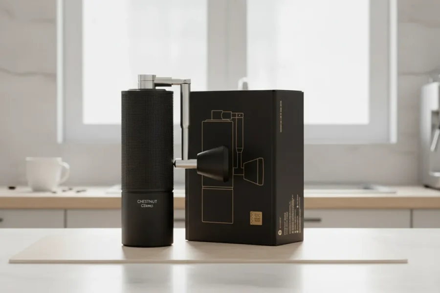 Moedor manual TIMEMORE C3S Pro preto ao lado de sua embalagem em uma bancada clara de cozinha.