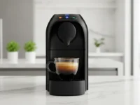 Cafeteira preta TRES Passione com xícara de vidro de espresso cremoso sobre bancada de mármore.