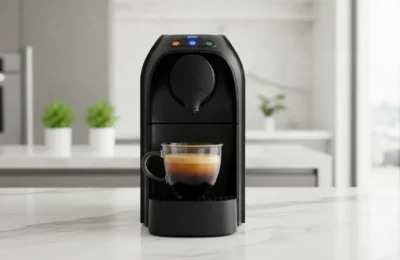 Cafeteira preta TRES Passione com xícara de vidro de espresso cremoso sobre bancada de mármore.