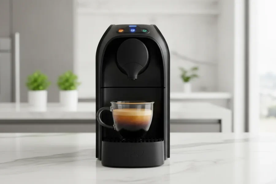 Cafeteira preta TRES Passione com xícara de vidro de espresso cremoso sobre bancada de mármore.