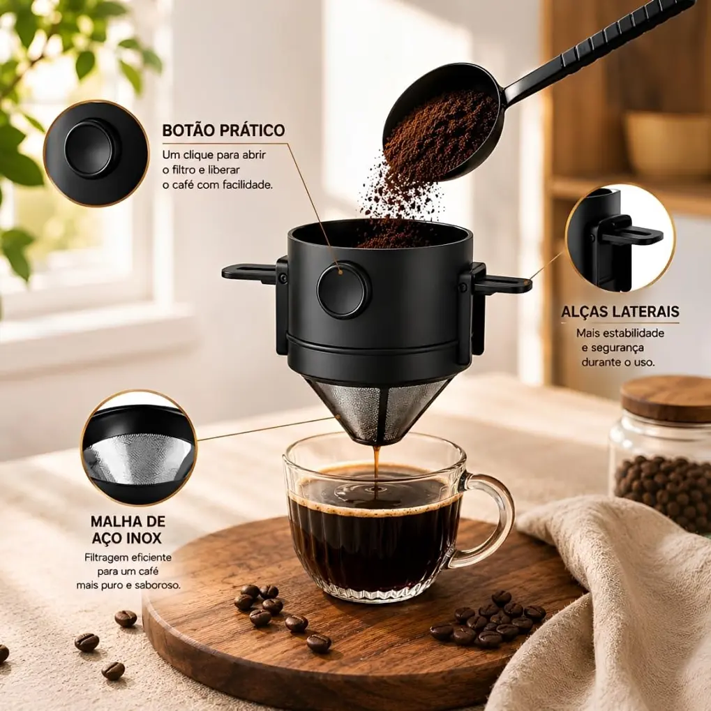 Mini Filtro Café Individual Dobrável Portátil Reutilizável em Aço Inox dobrado, mostrando seu tamanho compacto.