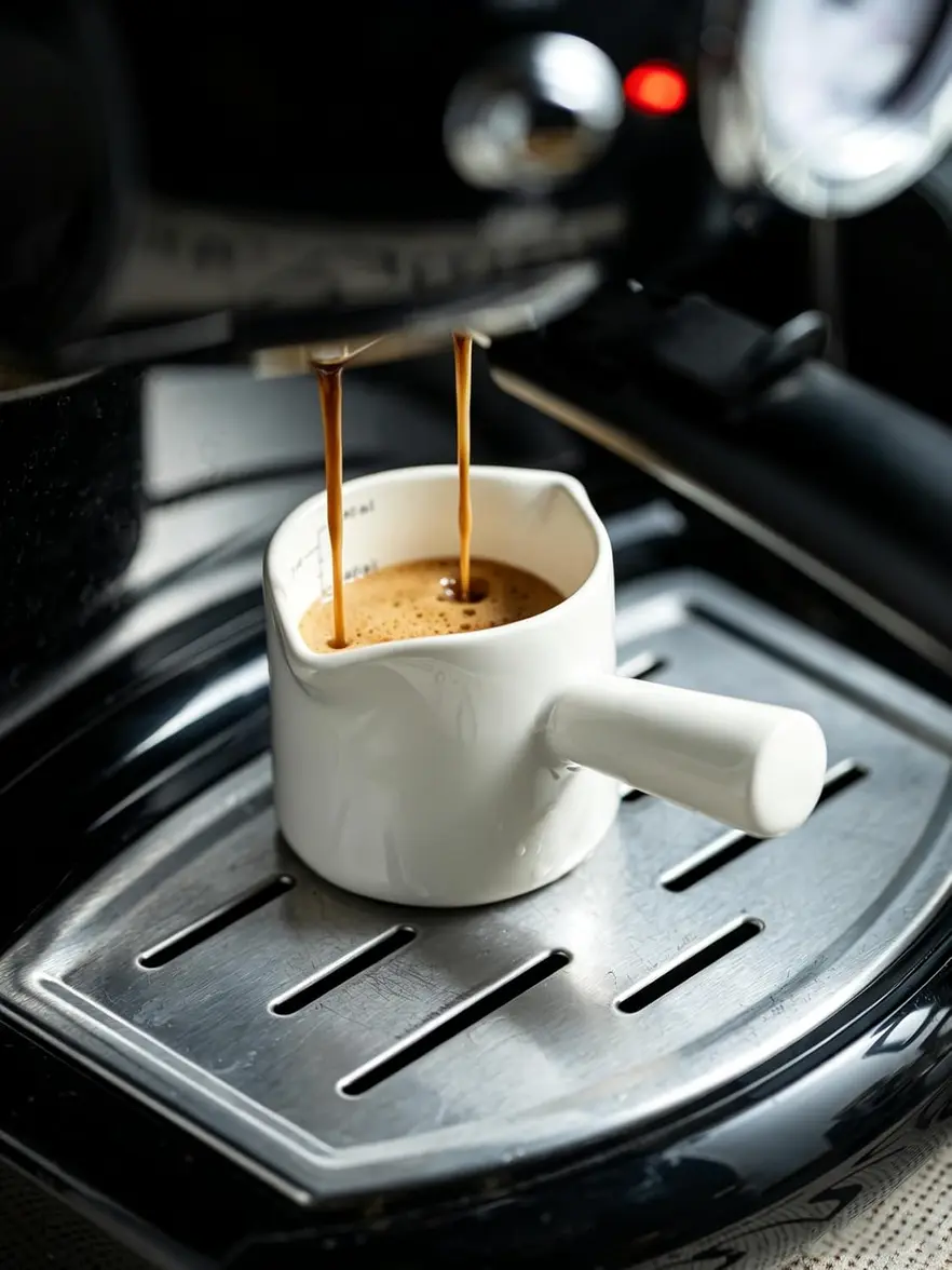 Copo medidor de café expresso YHOJOY branco sendo usado para servir café.