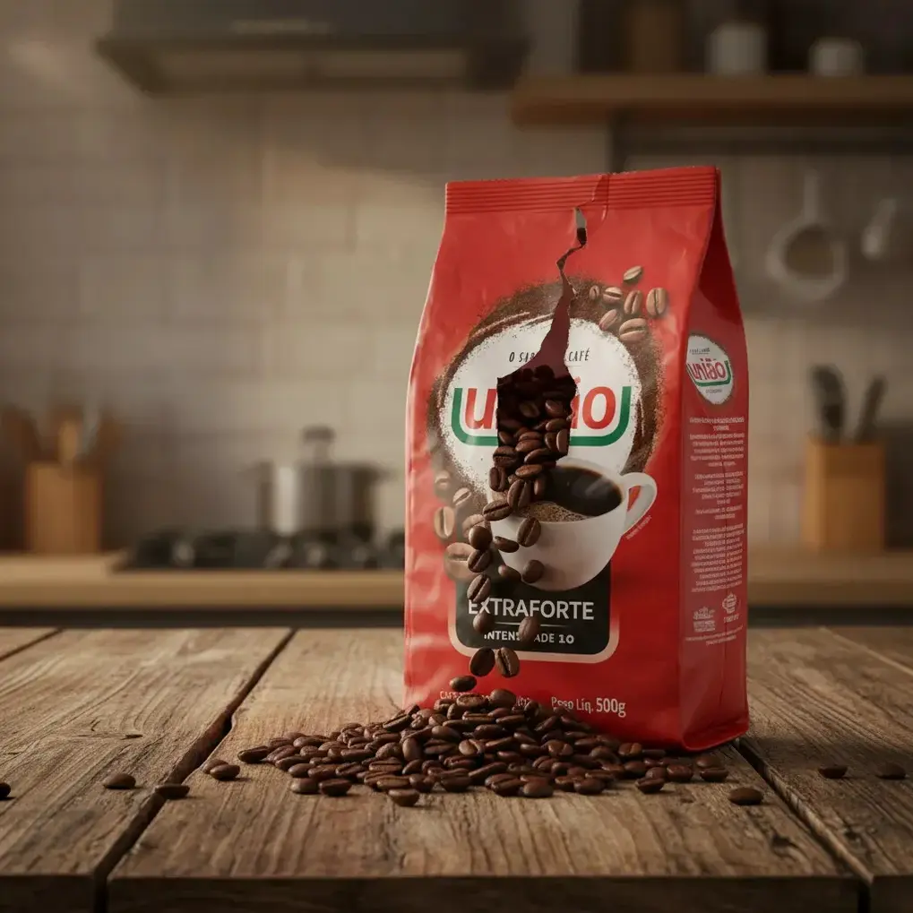 Detalhe da embalagem do Café União Extraforte, ressaltando a torra extraforte.
