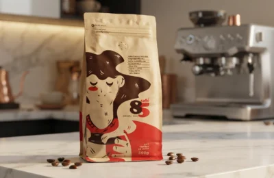 Embalagem de café especial em grão 500g Angelo Marcos dos Reis sobre uma bancada de mármore com grãos torrados espalhados e uma cafeteira expresso ao fundo.
