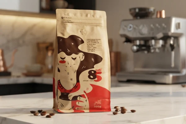 Embalagem de café especial em grão 500g Angelo Marcos dos Reis sobre uma bancada de mármore com grãos torrados espalhados e uma cafeteira expresso ao fundo.