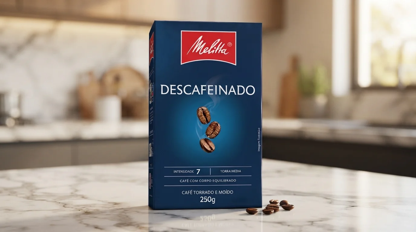 Detalhe do pacote de Café Descafeinado Melitta de 250g com grãos de café torrados ao redor em ambiente gourmet.