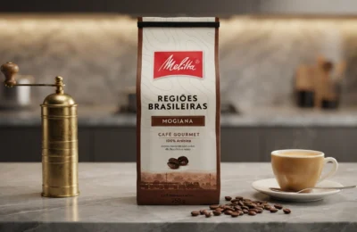 Embalagem do Café Melitta Mogiana Regiões Brasileiras de 250g sobre bancada de mármore ao lado de xícara de espresso e moedor manual de latão.