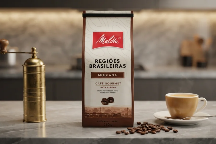 Embalagem do Café Melitta Mogiana Regiões Brasileiras de 250g sobre bancada de mármore ao lado de xícara de espresso e moedor manual de latão.