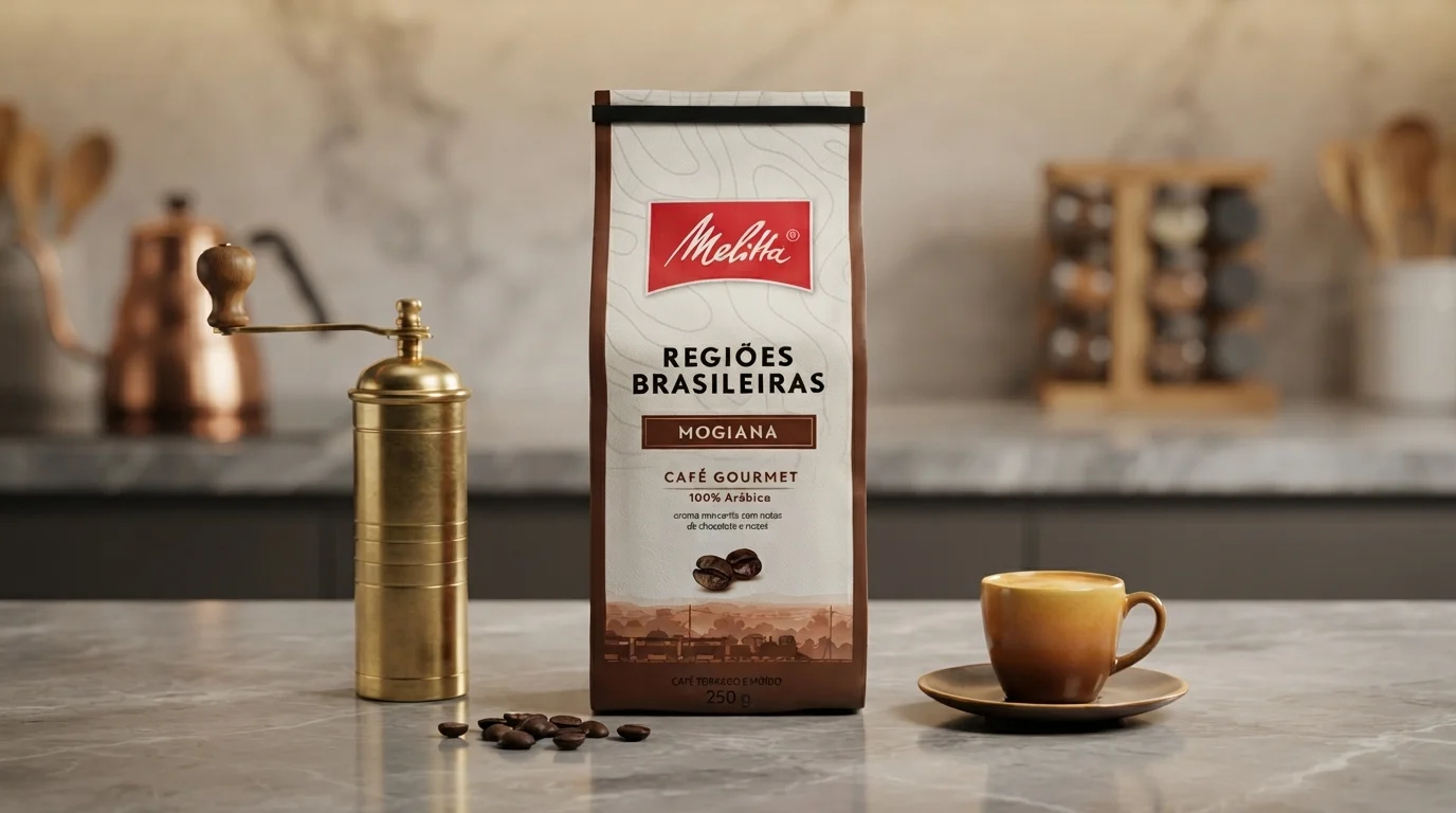 Café Melitta Mogiana gourmet 100% arábica moído ao lado de grãos de café e moedor manual gourmet no Meu Canto do Café.