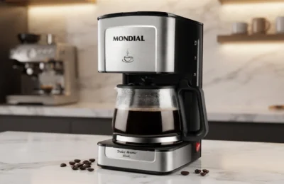 Cafeteira Elétrica MONDIAL Dolce Arome preta e inox com jarra de vidro sobre bancada de mármore na cozinha.