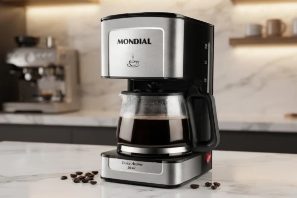 Cafeteira Elétrica MONDIAL Dolce Arome preta e inox com jarra de vidro sobre bancada de mármore na cozinha.