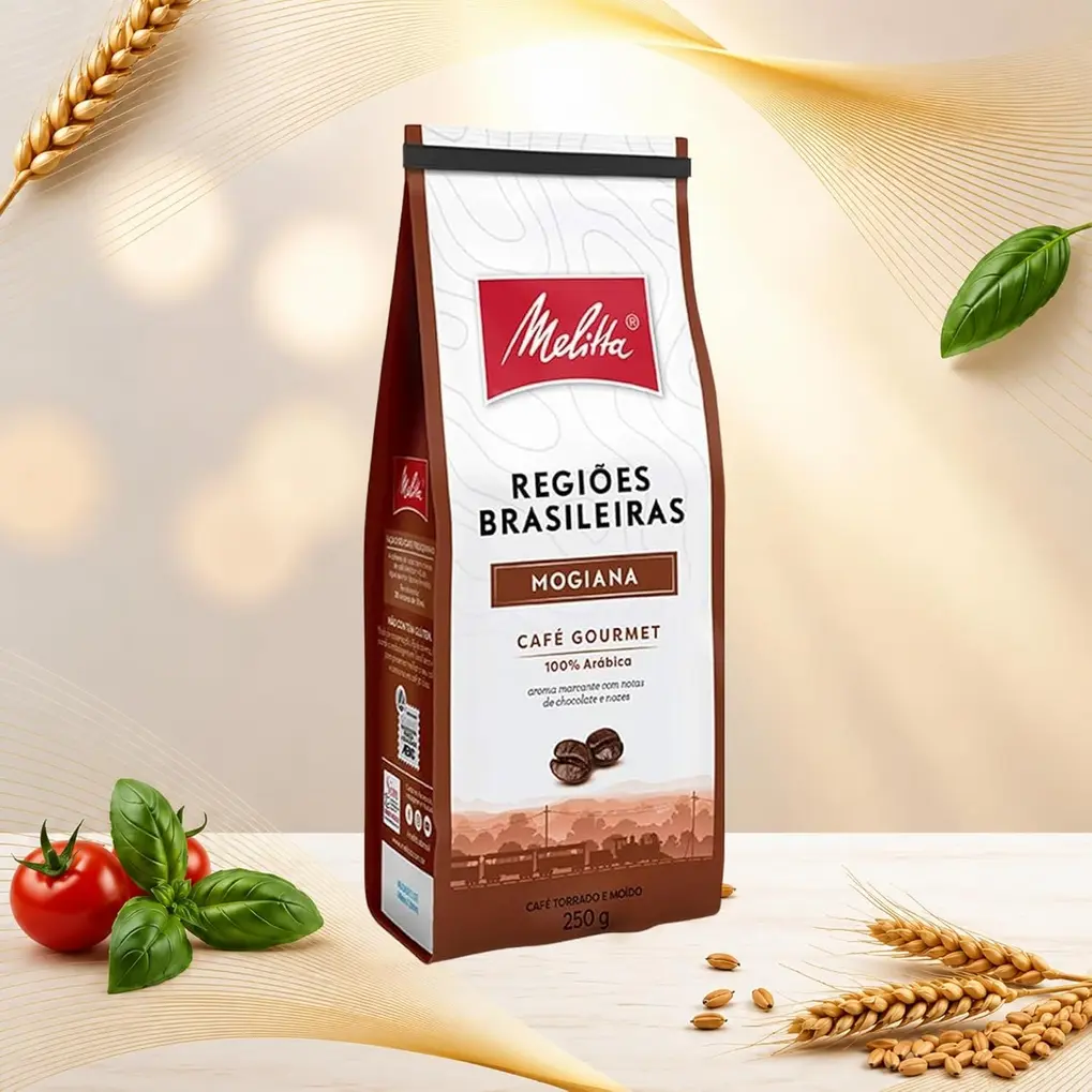 Xícara de café com vapor e embalagem do Café Melitta Mogiana