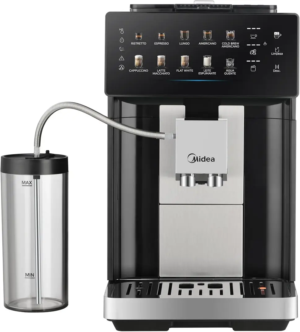 Cafeteira Espresso Automática Série Pro Midea 127V preparando cappuccino