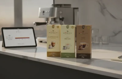 Cápsulas Nespresso Cappuccino Choc Brulee em bancada de mármore com máquina e tablet.