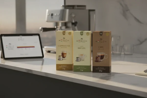 Cápsulas Nespresso Cappuccino Choc Brulee em bancada de mármore com máquina e tablet.