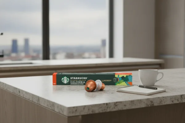 Café Starbucks Colombia Nespresso em uma bancada clara, com vista para a cidade.