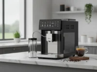 Cafeteira Midea Série Pro em uma bancada de cozinha, com uma xícara de café.