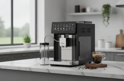 Cafeteira Midea Série Pro em uma bancada de cozinha, com uma xícara de café.