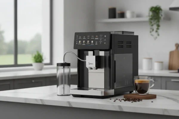Cafeteira Midea Série Pro Vale a Pena em 2026? Ela Muda Seu Café! 7 Cafeteira Midea Série Pro em uma bancada de cozinha, com uma xícara de café.