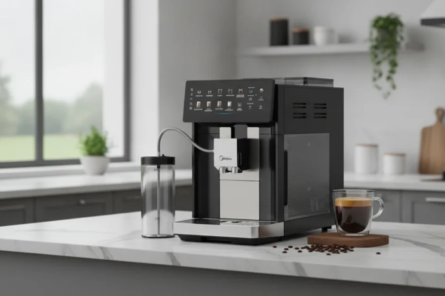 Cafeteira Midea Série Pro em uma bancada de cozinha, com uma xícara de café.