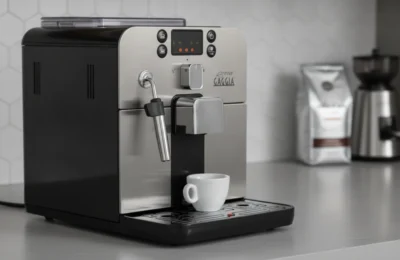 Máquina de café Gaggia Brera Black na bancada, com grãos de café ao fundo.