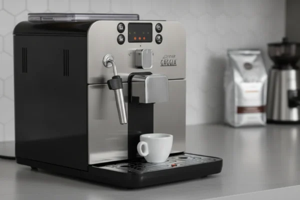 Máquina de café Gaggia Brera Black na bancada, com grãos de café ao fundo.