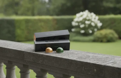 Cápsulas Nespresso Vertuo Aromas Equilibrados, Melozio e Stormio, com embalagens em parapeito de pedra.