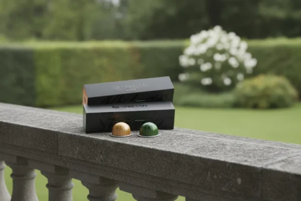 Cápsulas Nespresso Vertuo Aromas Equilibrados, Melozio e Stormio, com embalagens em parapeito de pedra.