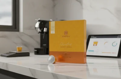 Orfeu Bourbon Amarelo Cápsulas em caixa e uma cápsula avulsa.