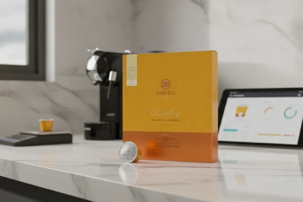 Orfeu Bourbon Amarelo Cápsulas em caixa e uma cápsula avulsa.