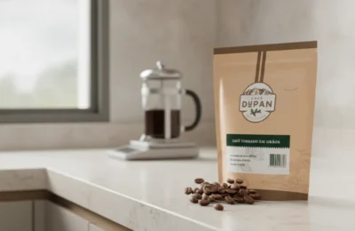 Café Dupan Arábica 250g em grãos na bancada da cozinha.