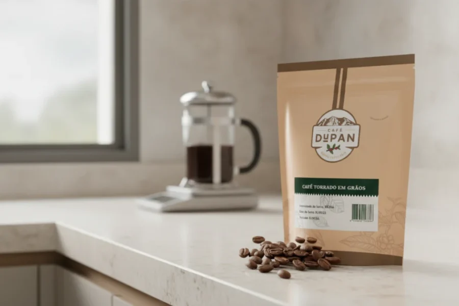 Café Dupan Arábica 250g em grãos na bancada da cozinha.
