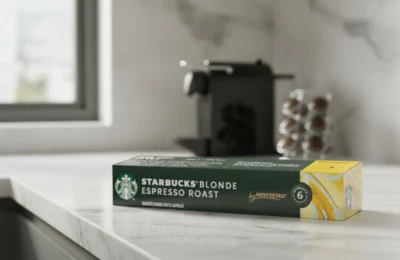 Caixa de Starbucks Blonde Espresso Nespresso em uma bancada de cozinha.