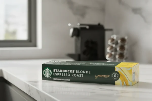 Caixa de Starbucks Blonde Espresso Nespresso em uma bancada de cozinha.