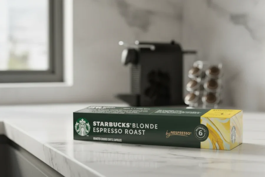Caixa de Starbucks Blonde Espresso Nespresso em uma bancada de cozinha.