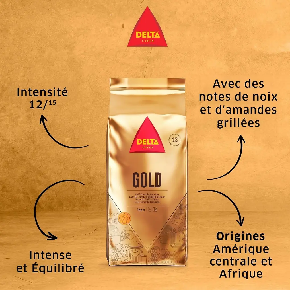 Xícara de café fumegante com grãos de Delta Gold Coffee Grão 1Kg espalhados ao redor, em um pires claro.