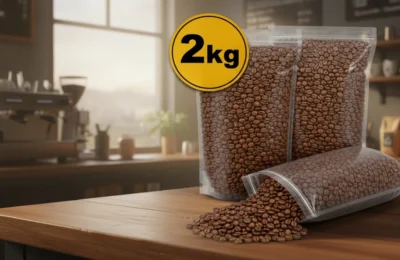 Embalagens de Café Grãos 2kg 100% Arábica em balcão de cafeteria.