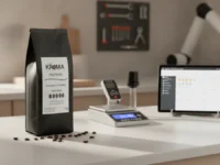 Pacote de Café Kroma Premium Torrado em Grãos Vending 1kg em uma bancada.