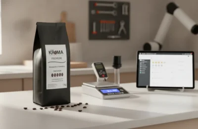 Pacote de Café Kroma Premium Torrado em Grãos Vending 1kg em uma bancada.
